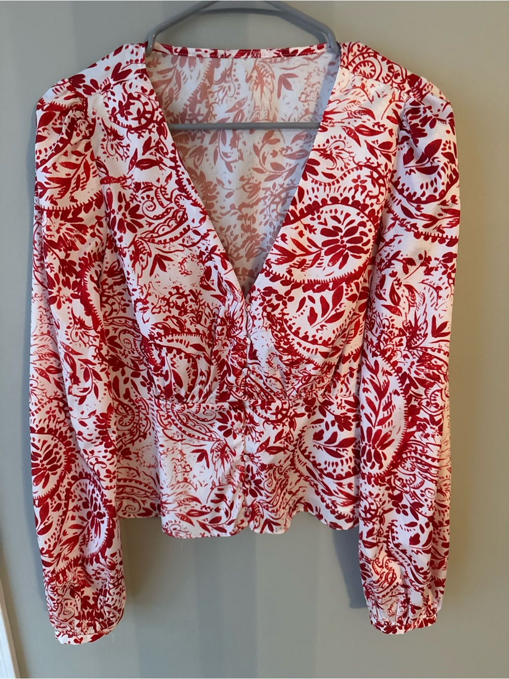 Red and White Printed V-Neck Women's Top